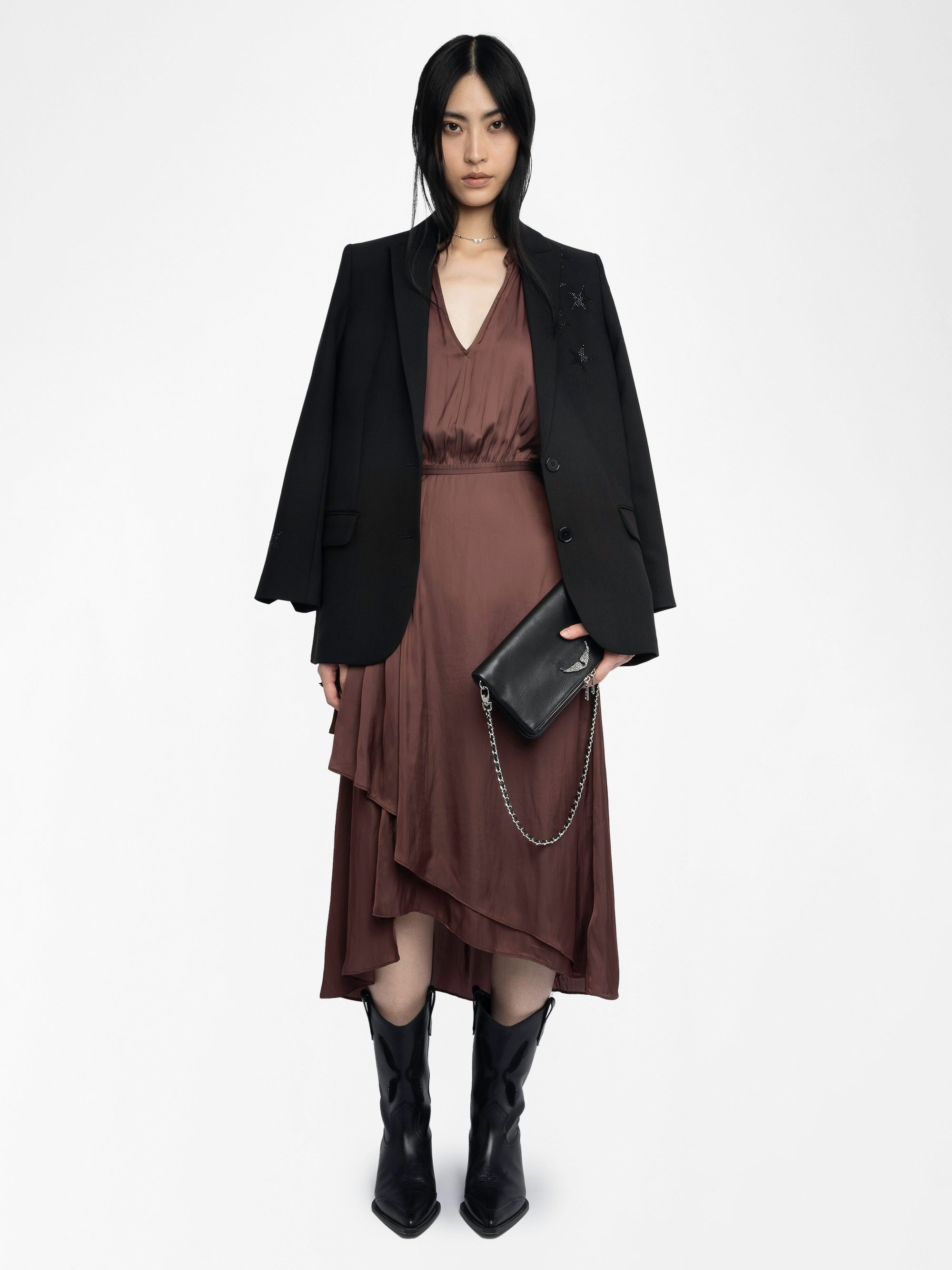 Randall Satin Dress - Mid-length satin dress with raglan short sleeves and asymmetric ruffled panel skirt.